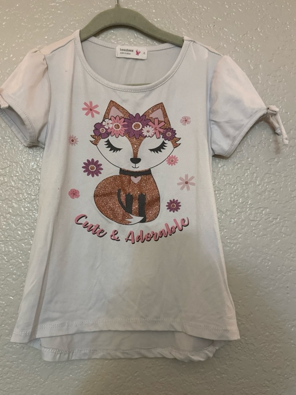 Beautees White Tee with Glitter Fox and Floral Design